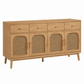 Wood Sideboard with Rattan Doors and Brass Handles, Light Wood Finish, 150cm