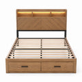 Oak Platform Bed with Storage Drawers and LED Headboard