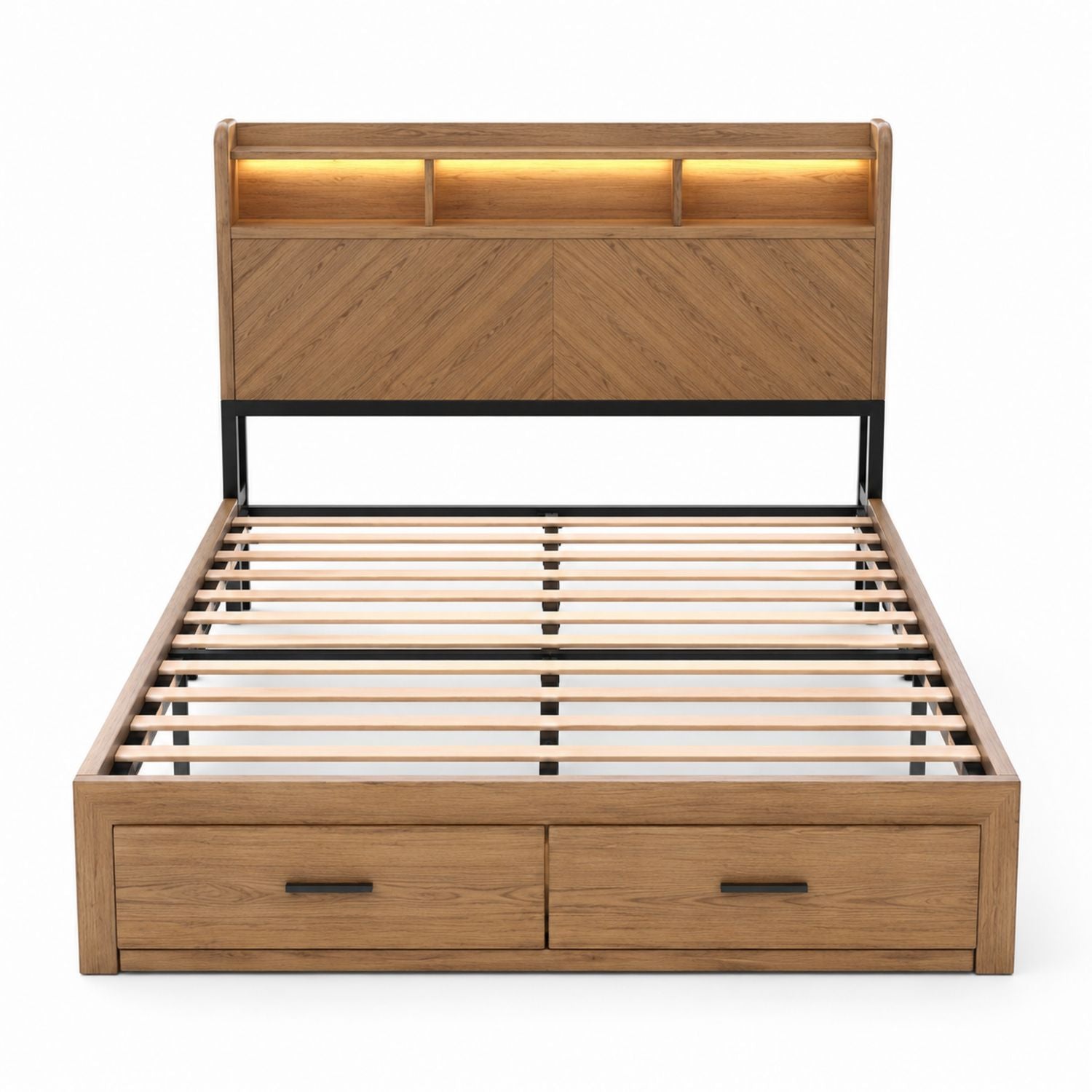 Oak Platform Bed with Storage Drawers and LED Headboard