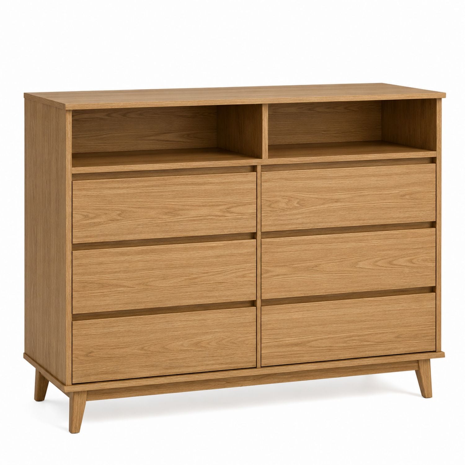 Oak Wood 6-Drawer Dresser with Open Shelves