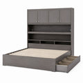 Wooden Storage Bed with Bookshelf Headboard and Drawers - Gray, 200cm x 150cm
