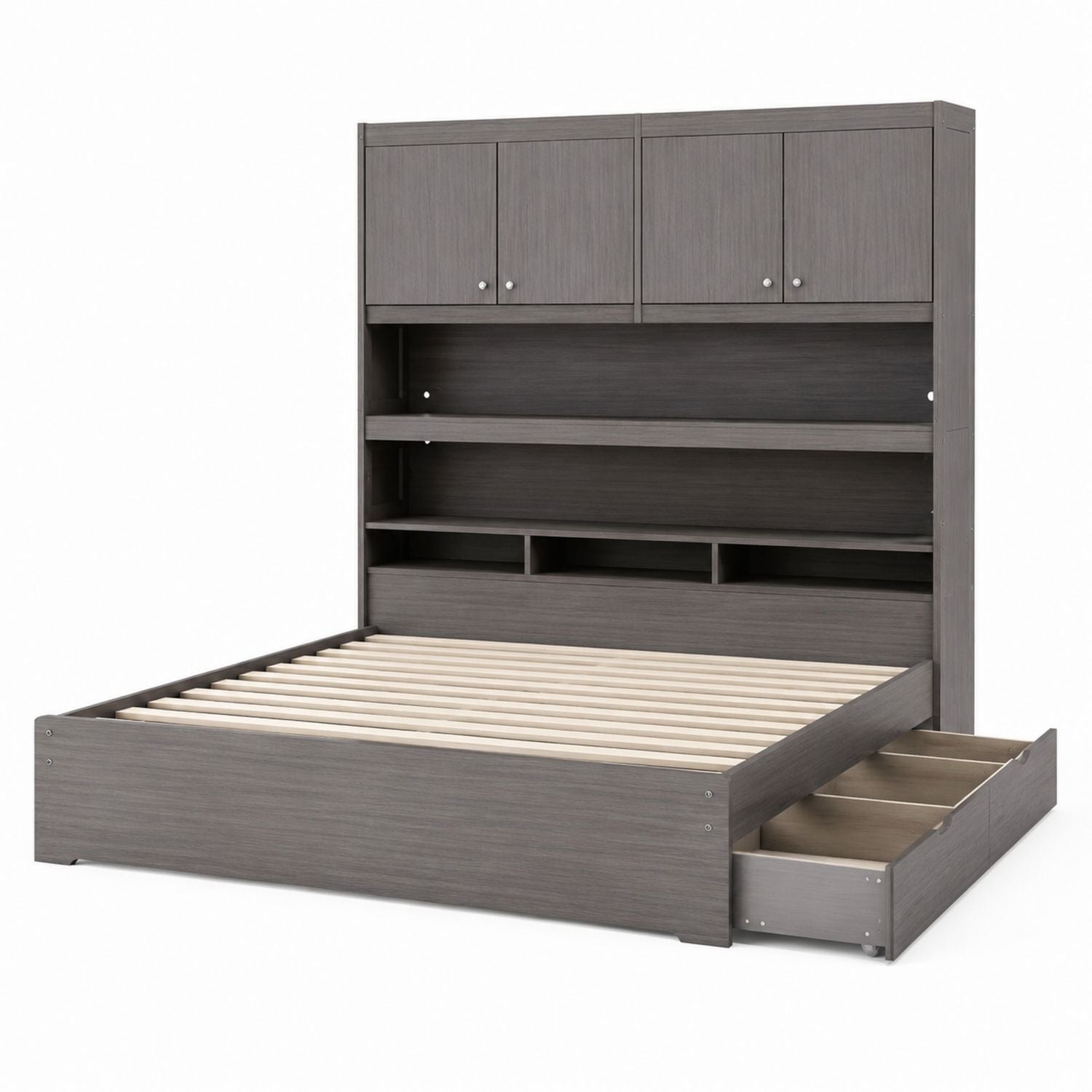 Wooden Storage Bed with Bookshelf Headboard and Drawers - Gray, 200cm x 150cm