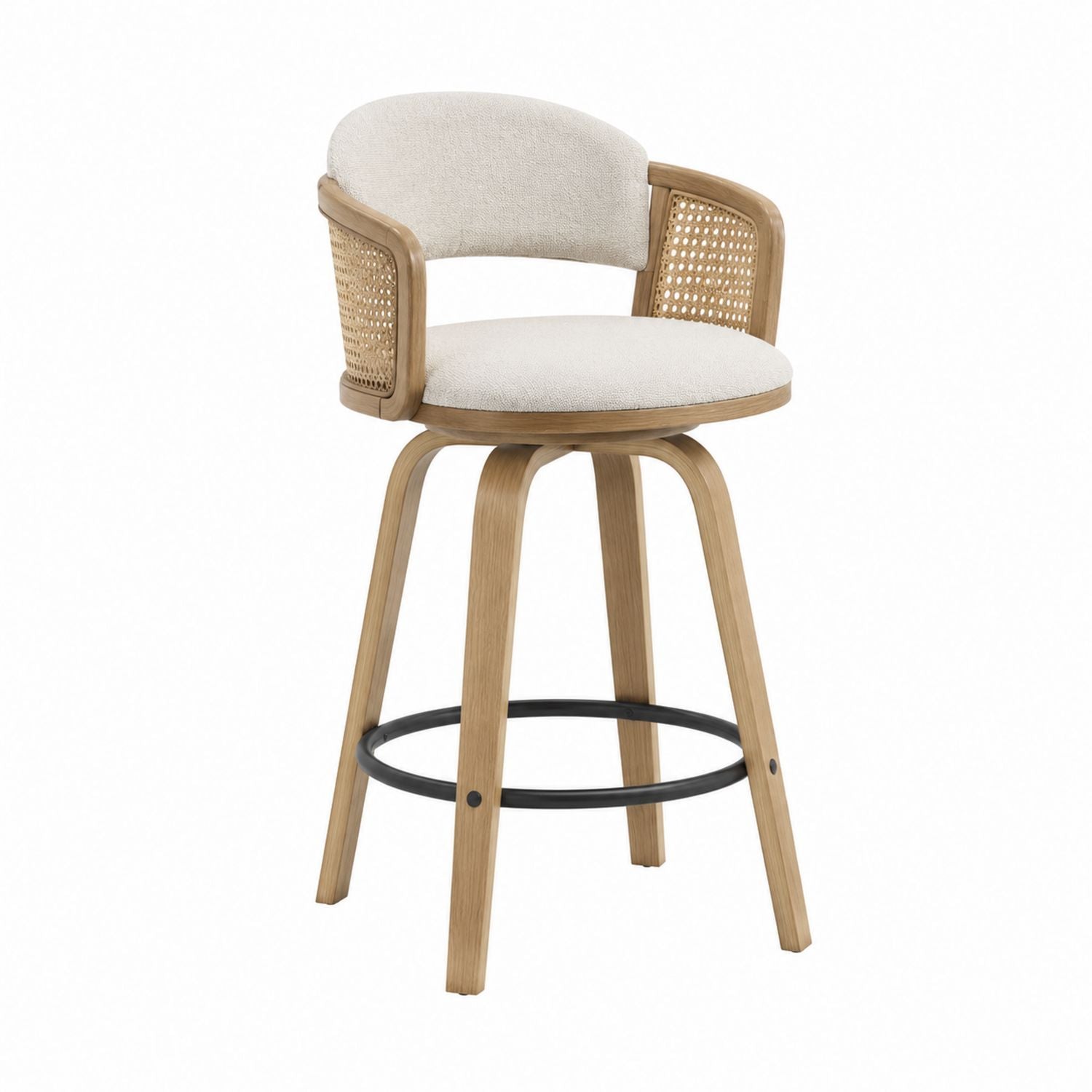 Swivel Bar Stool with Beige Upholstered Seat and Bentwood Frame