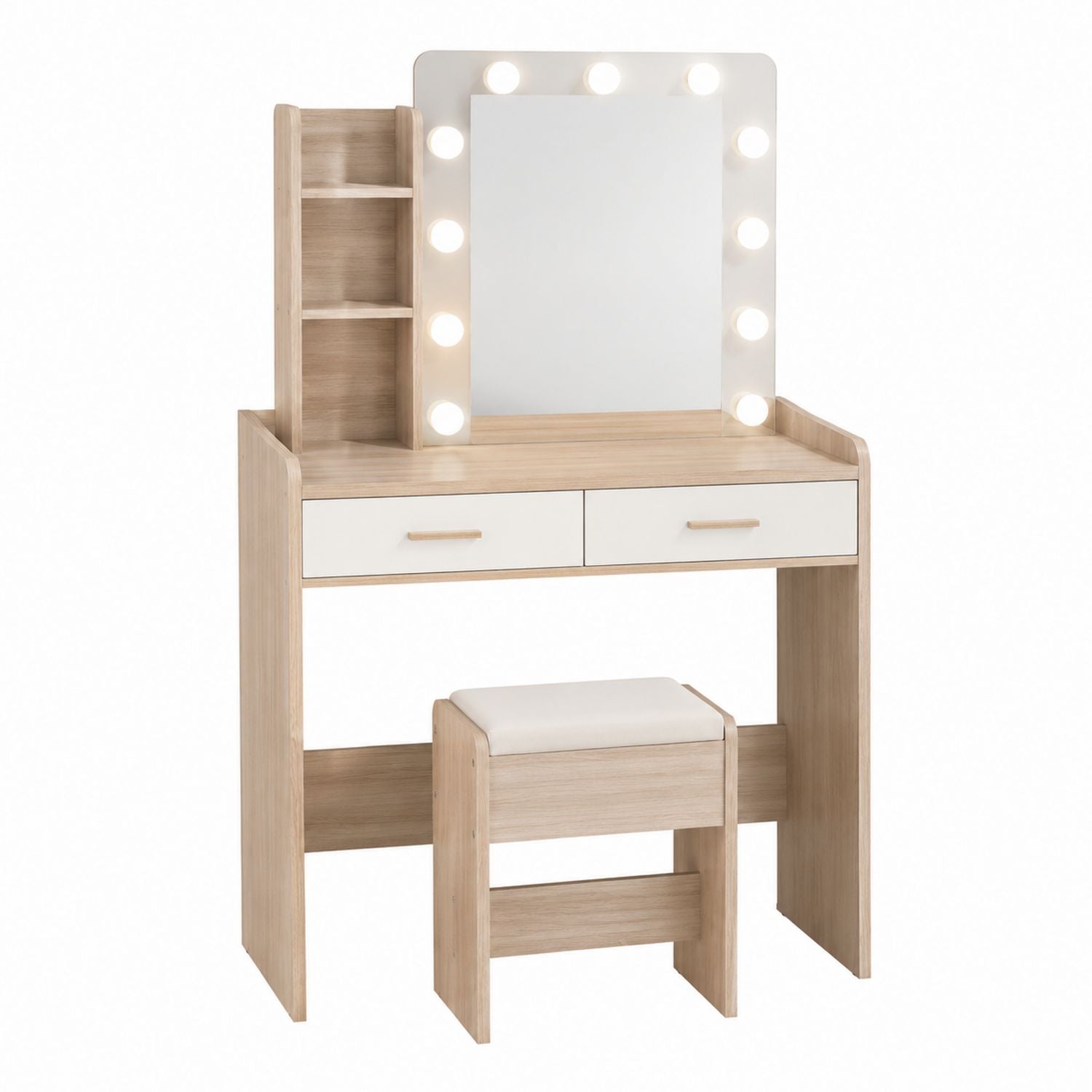 Wood Vanity Set with LED Lights and Stool Natural Finish