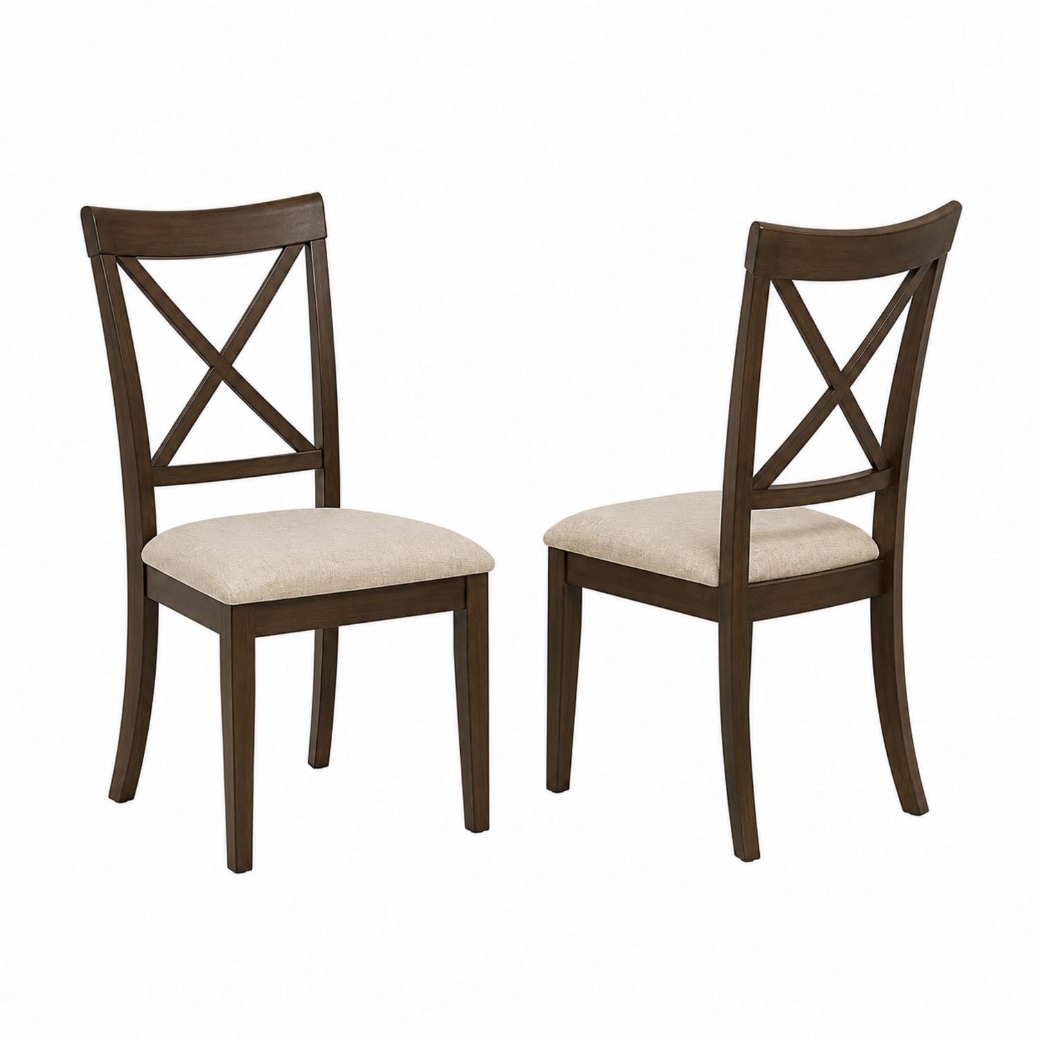 Set of 2 Wooden Dining Chairs with Linen Upholstery in Brown and Beige