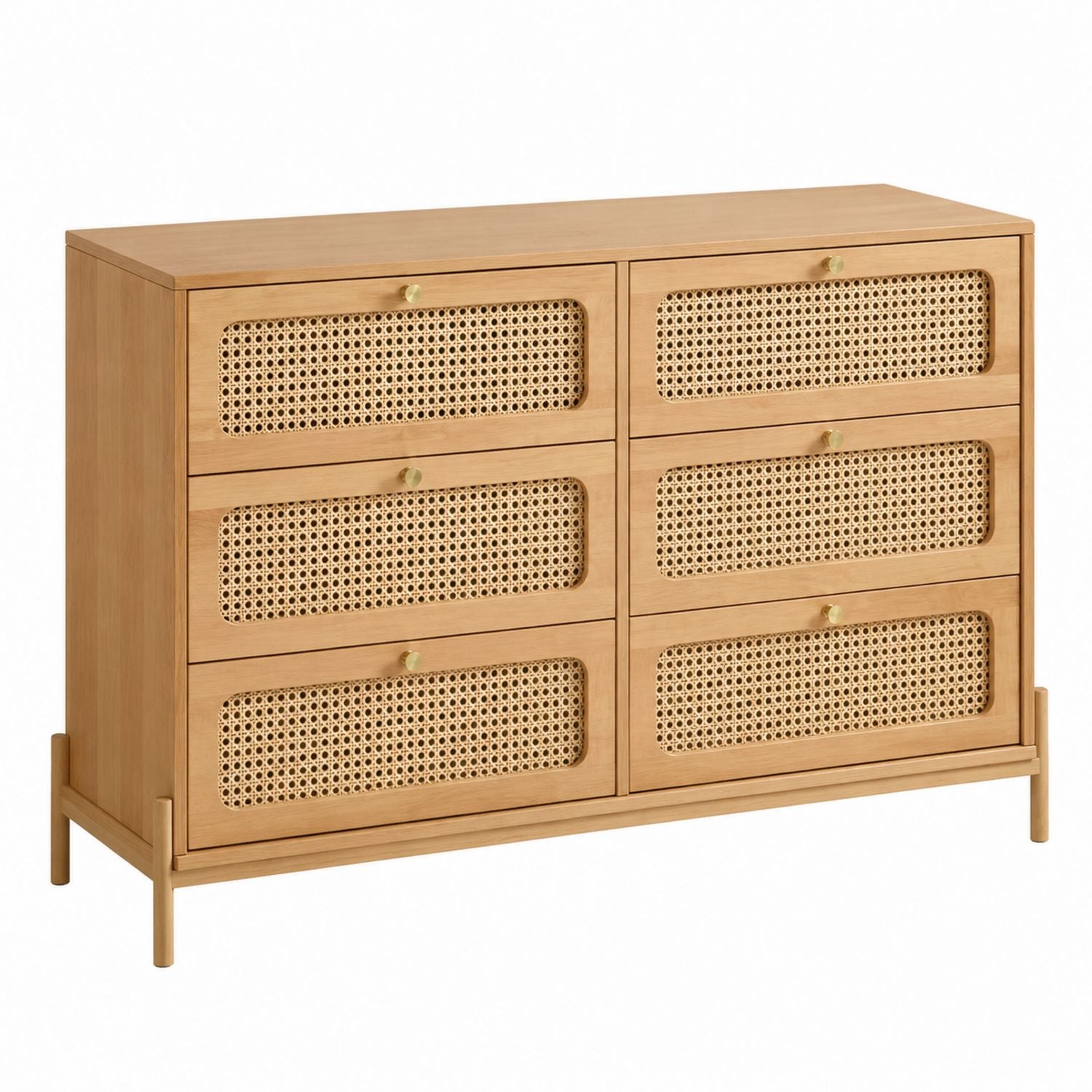 Wooden Dresser with Rattan Drawers, 6-Drawer Chest, 120cm