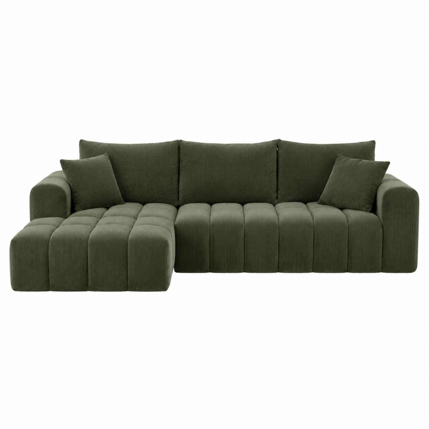 Green Corduroy L-Shaped Sectional Sofa with Cushions