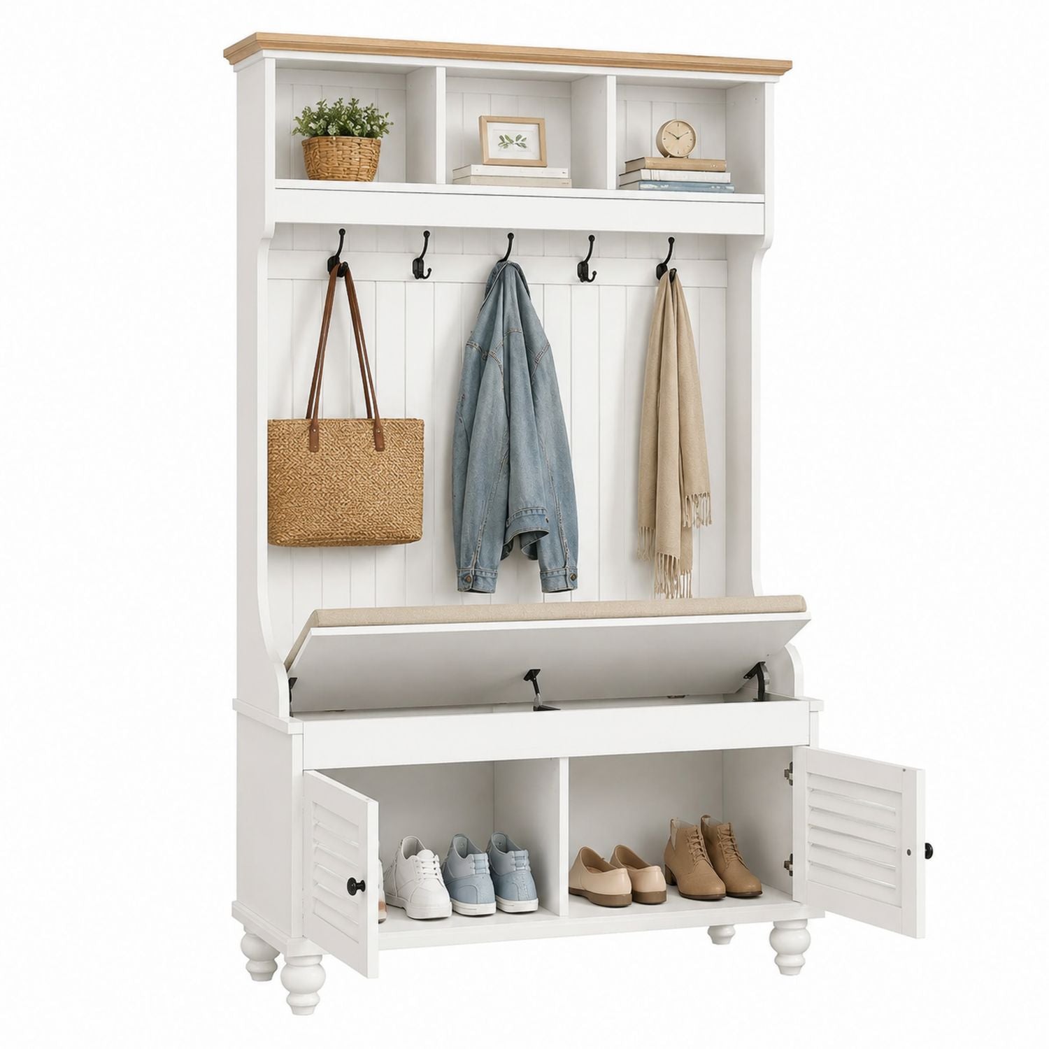 White Wood Hall Tree with Storage Bench and Metal Hooks