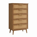 Wood and Rattan Tall Dresser with Five Drawers 140 cm Height