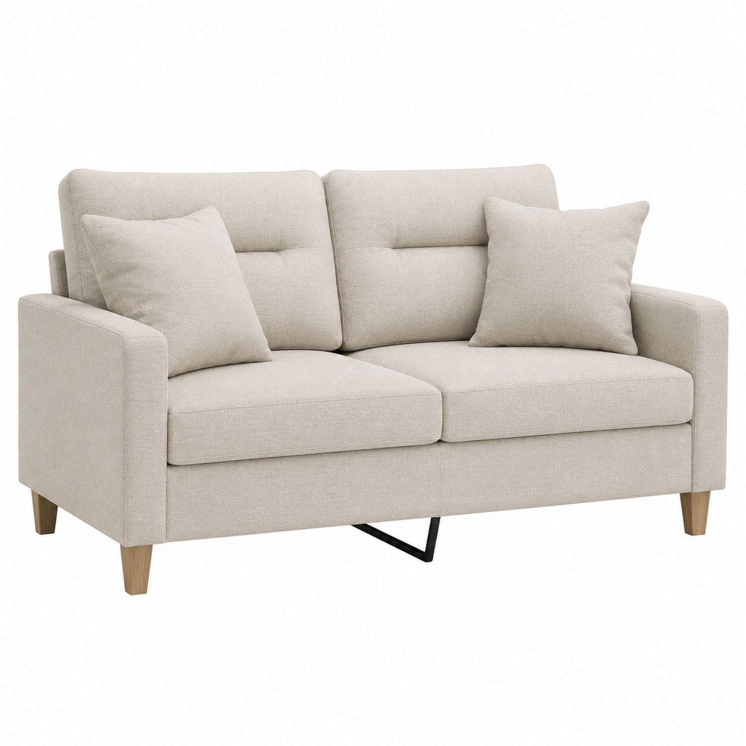 Beige Fabric Upholstered Loveseat Sofa with Wood Legs 142cm