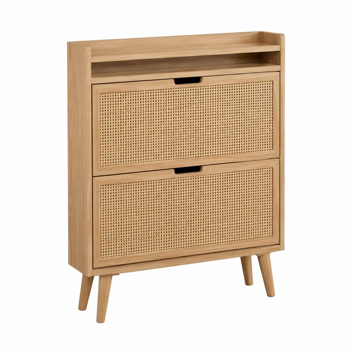 Wooden Shoe Storage Cabinet with Rattan Front, Two Compartments, 90cm Tall