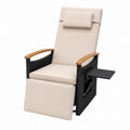 Outdoor Wicker Recliner Chair with Cushions and Teak Armrests Beige