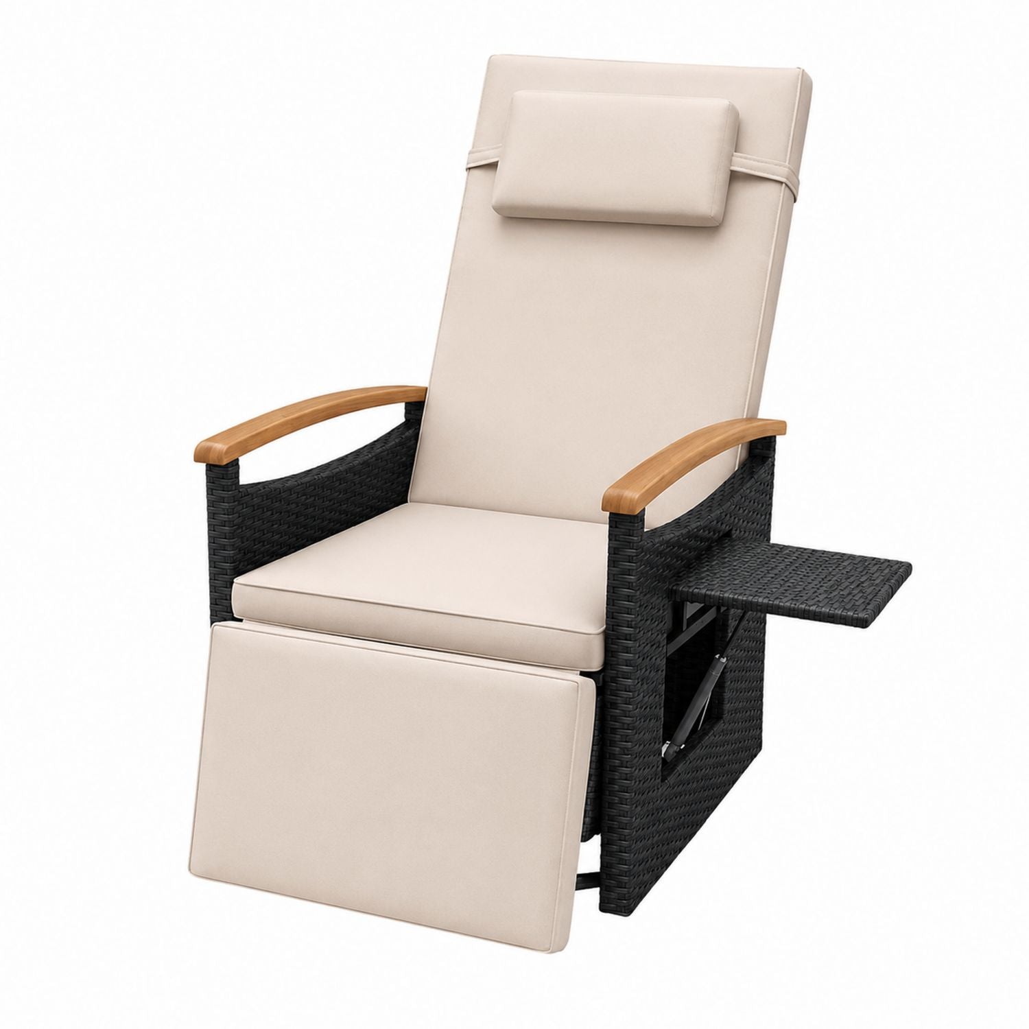 Outdoor Wicker Recliner Chair with Cushions and Teak Armrests Beige