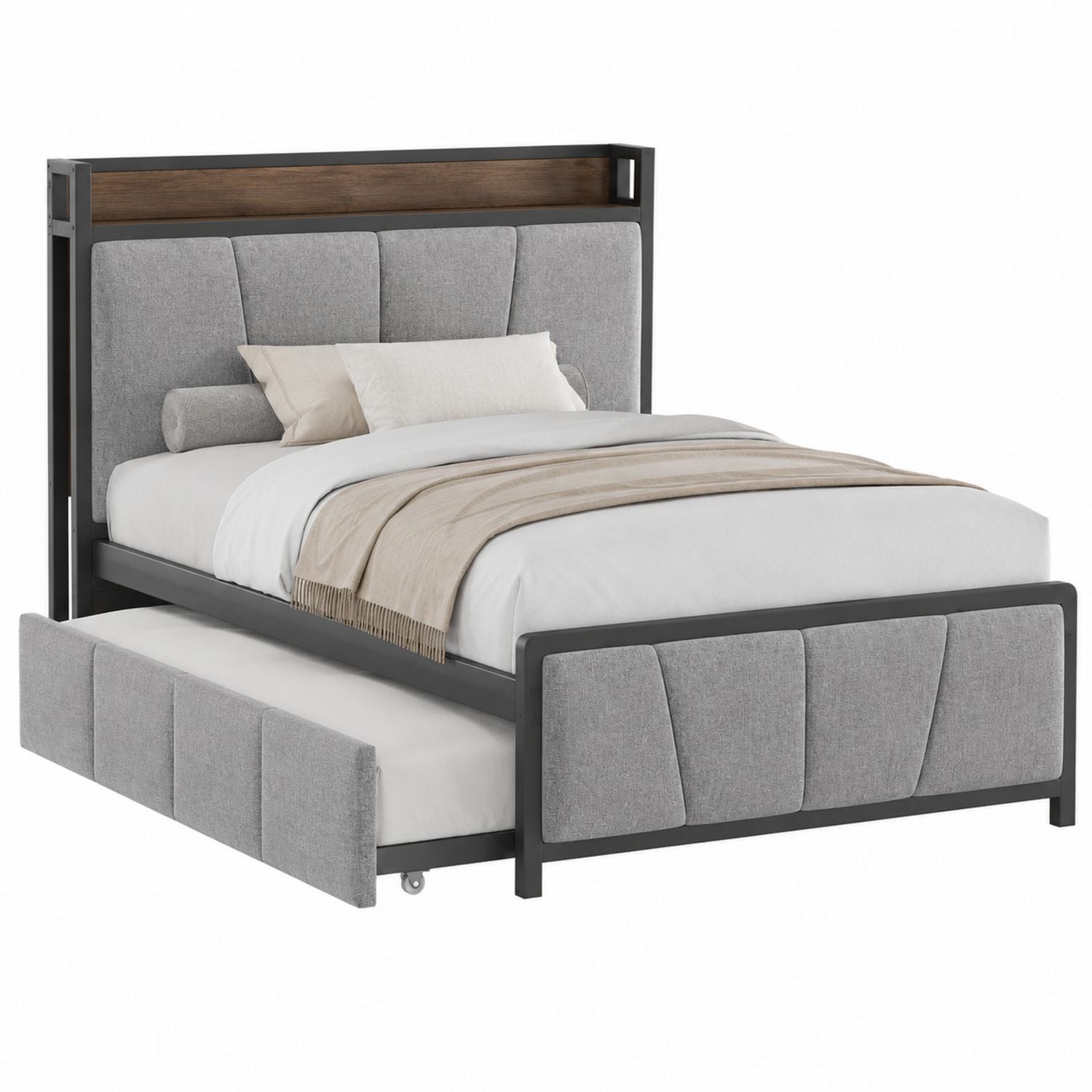 Twin Fabric Bed with Trundle in Gray Steel Frame