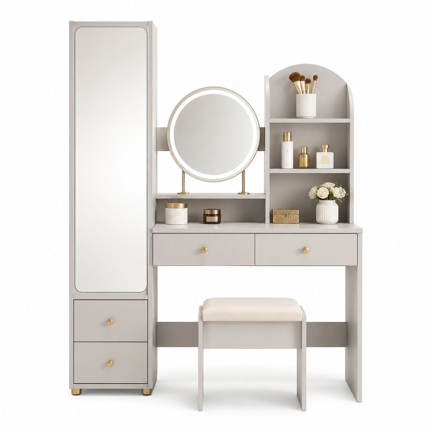 Gray MDF Vanity Set with LED Mirror and Upholstered Stool