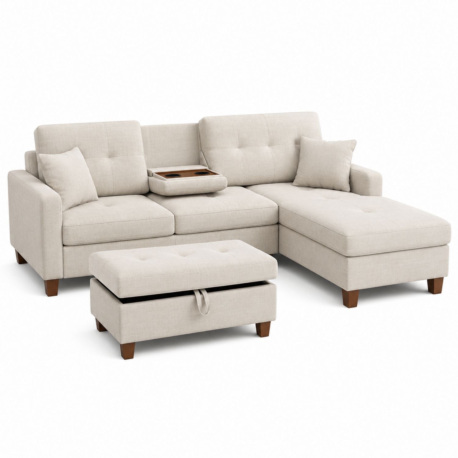 Beige Fabric Sectional Sofa Set with Ottoman and Cup Holders