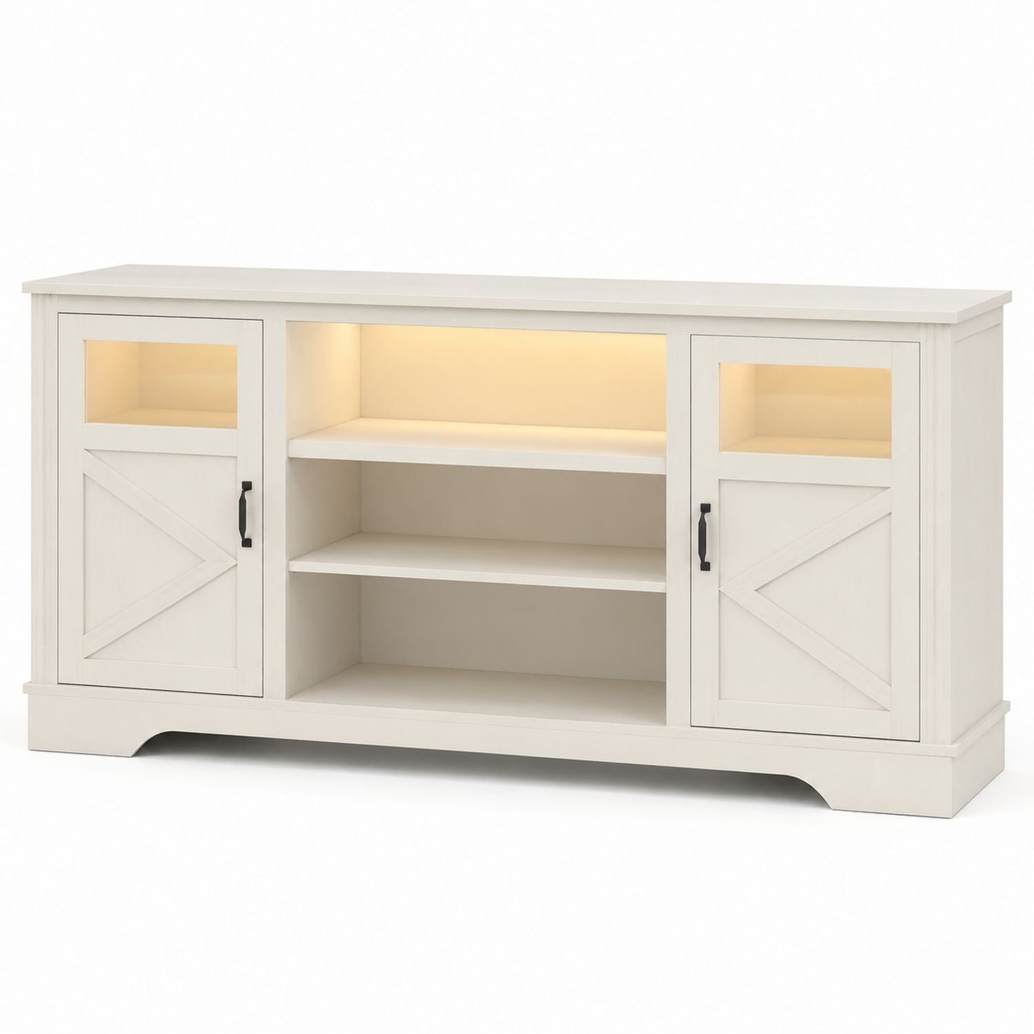 White Wood Entertainment Center with Barn Doors and Adjustable Shelves 60in
