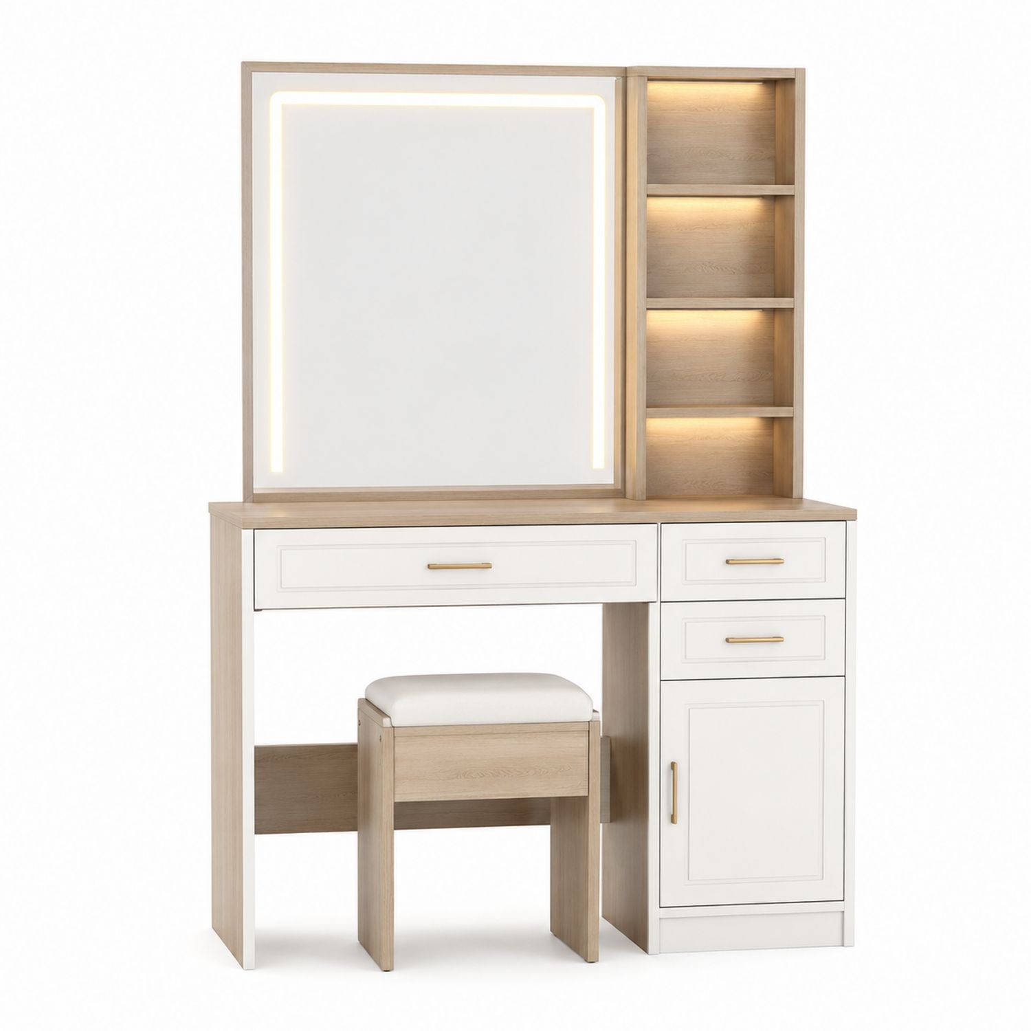 Wood Vanity Set with LED Mirror and Storage Shelves