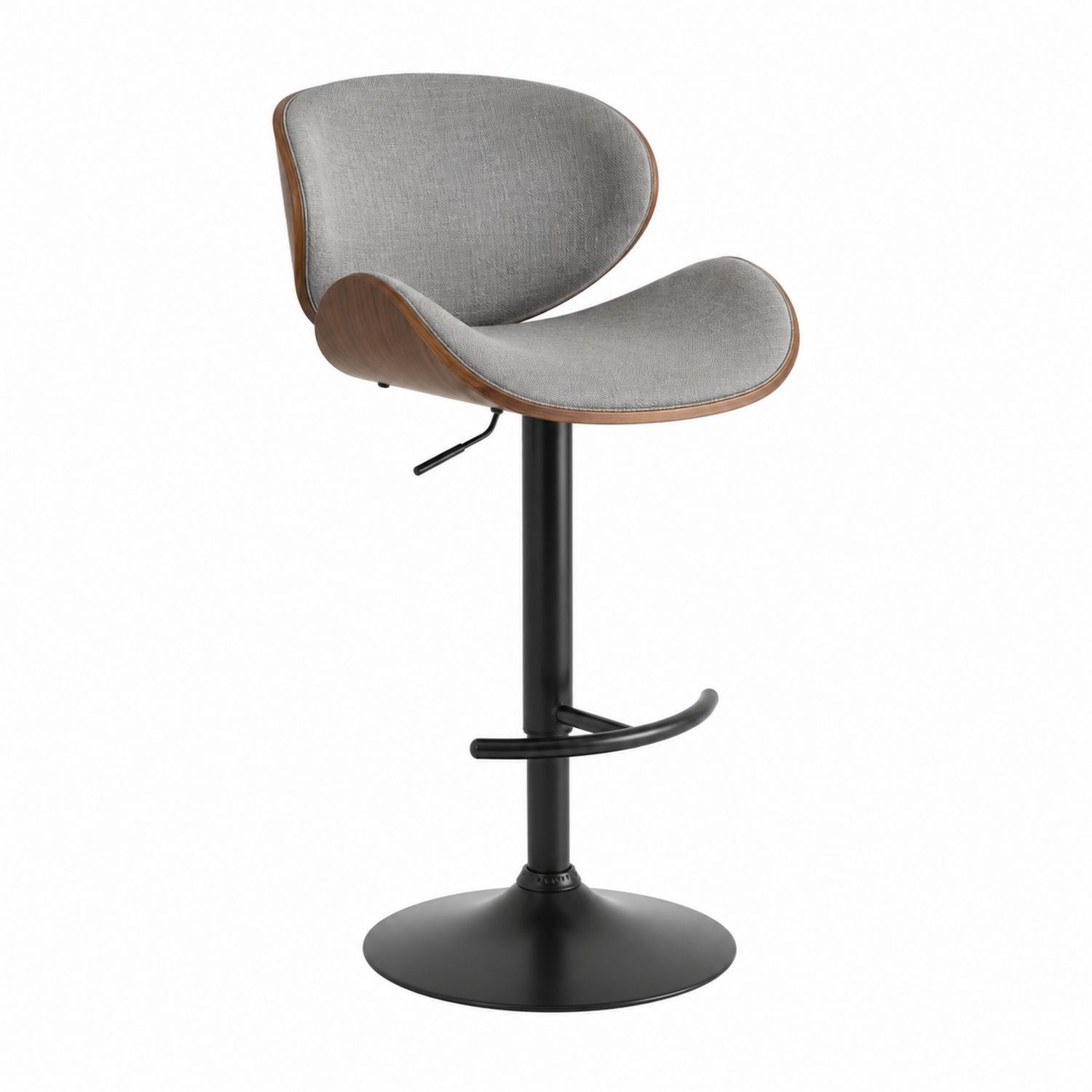 Adjustable Height Bar Stool with Grey Fabric and Bentwood Walnut Backrest