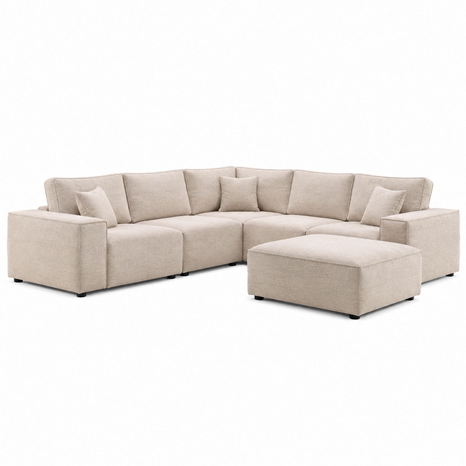 Beige Fabric L-Shaped Sectional Sofa Set with Ottoman