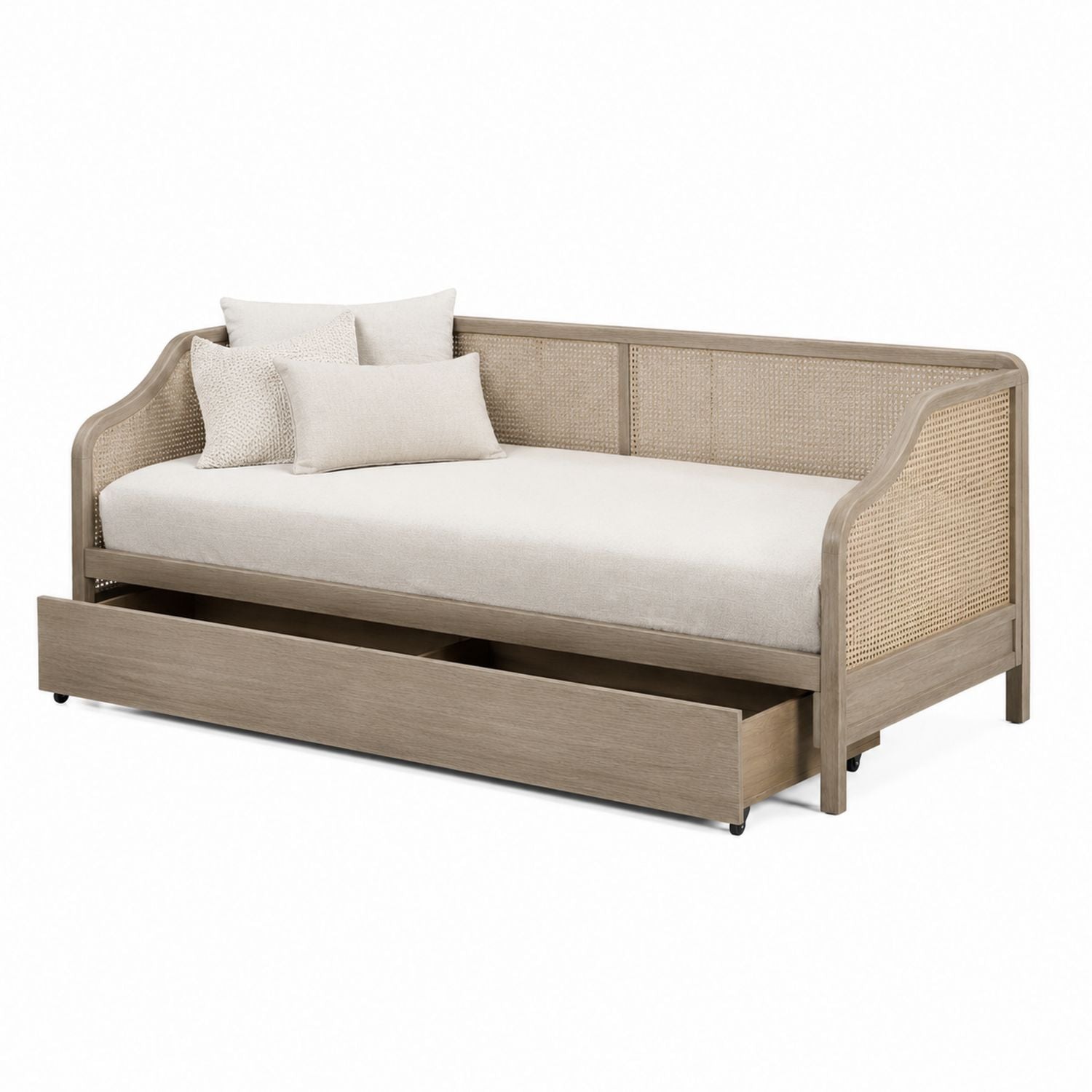 Oak Wood Daybed with Rattan Panels and Trundle Beige 210cm