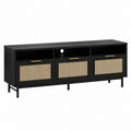 Black Wood TV Stand with Rattan Doors, 150 cm