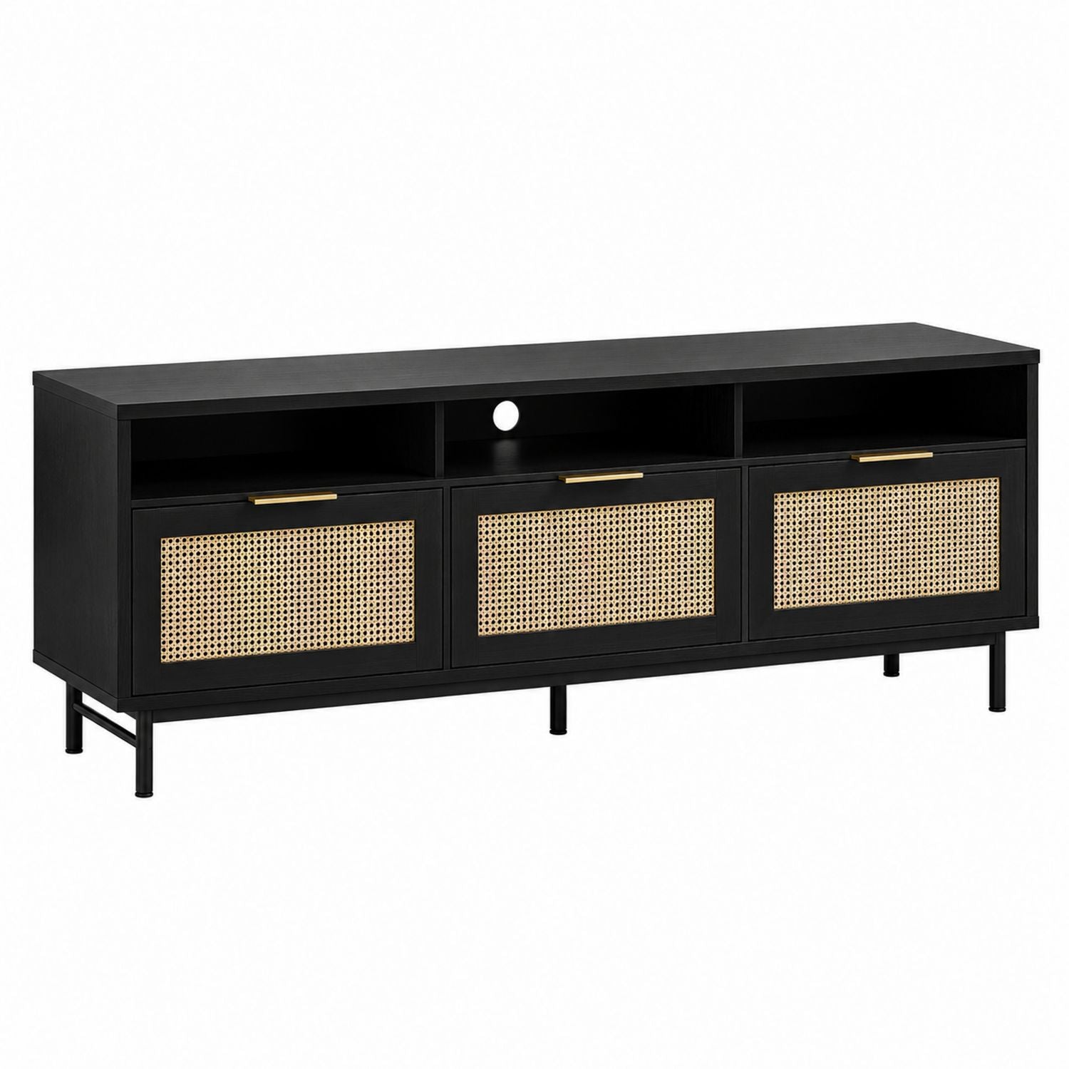 Black Wood TV Stand with Rattan Doors, 150 cm