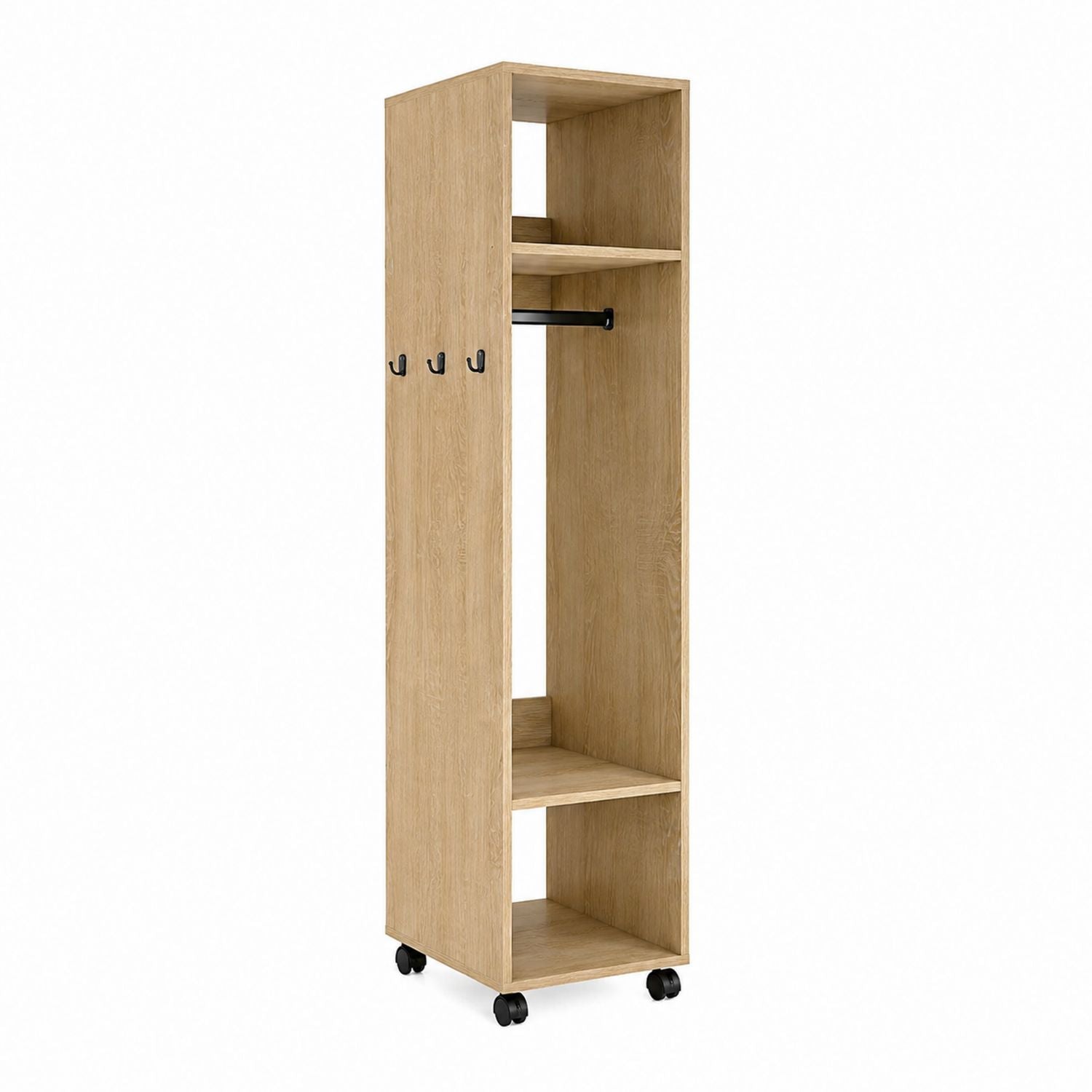Wooden Wardrobe with Casters, Open Shelves, and Hooks 40x40x160 cm