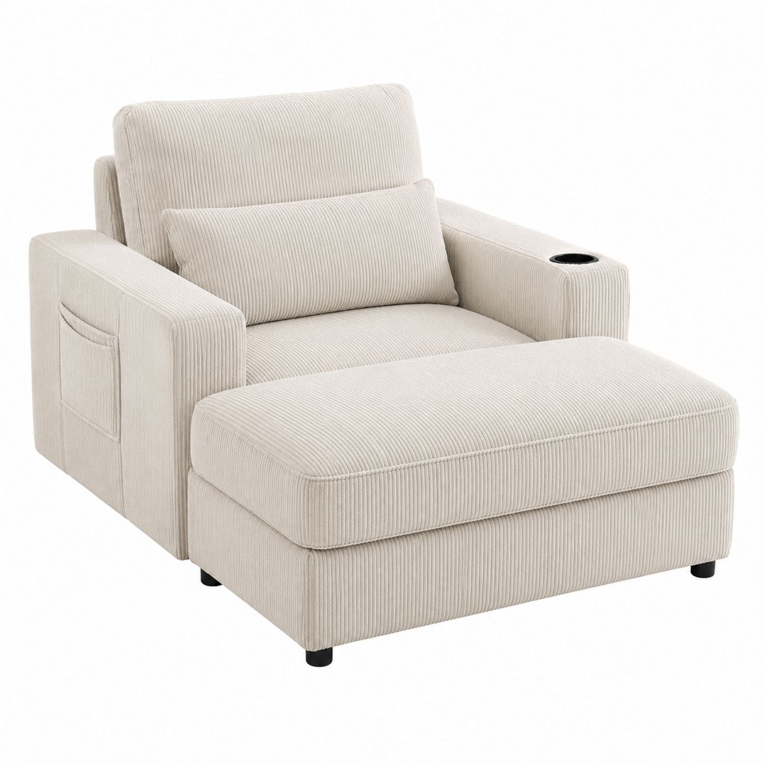 Beige Corduroy Recliner Chair with Ottoman and Cup Holder
