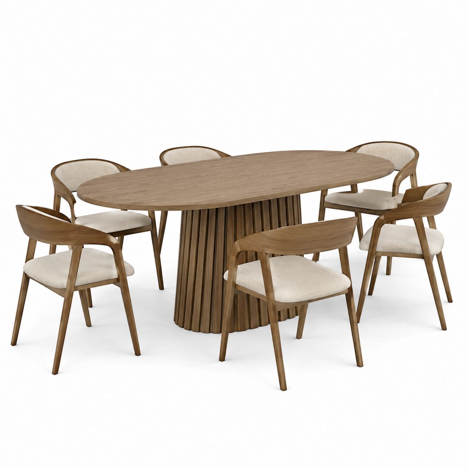 Oval Walnut Dining Table Set with Six Chairs