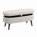 Oval Upholstered Storage Bench Beige Fabric with Solid Wood Legs