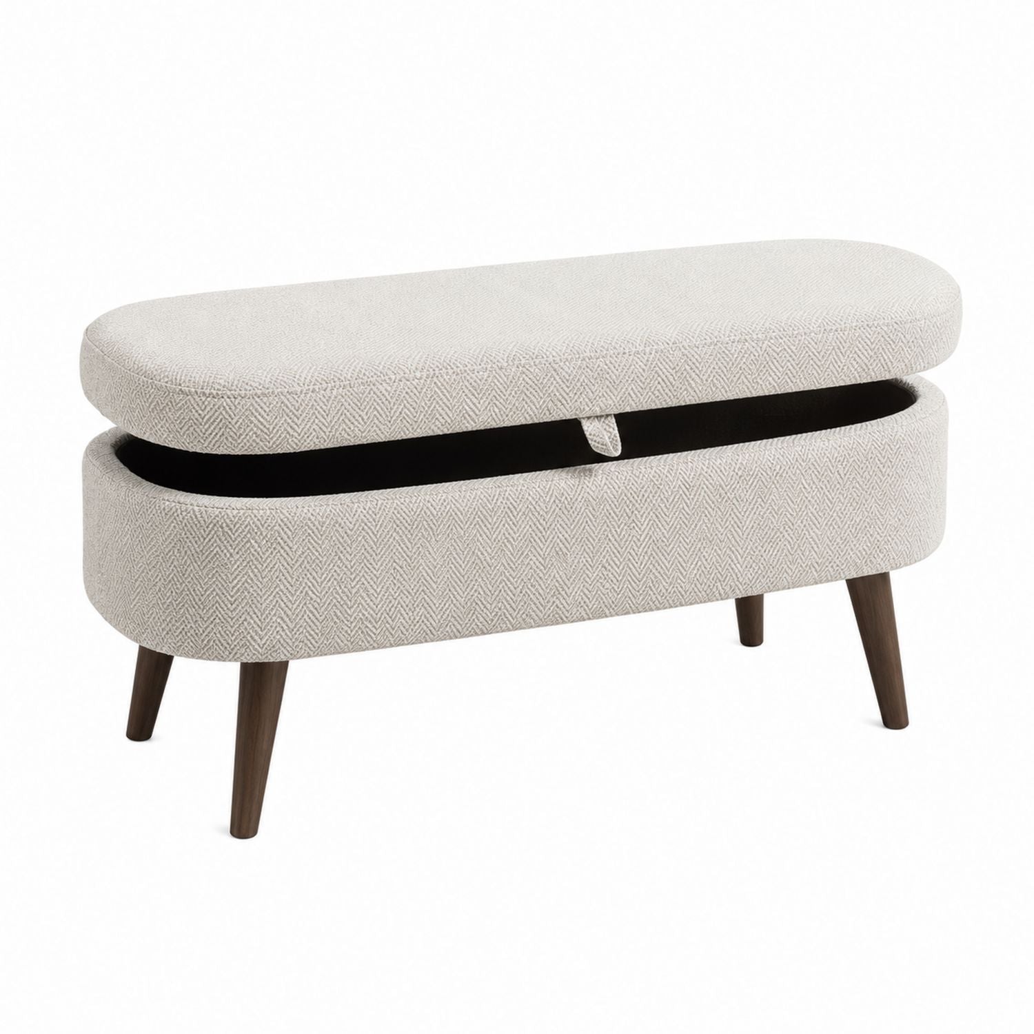 Oval Upholstered Storage Bench Beige Fabric with Solid Wood Legs