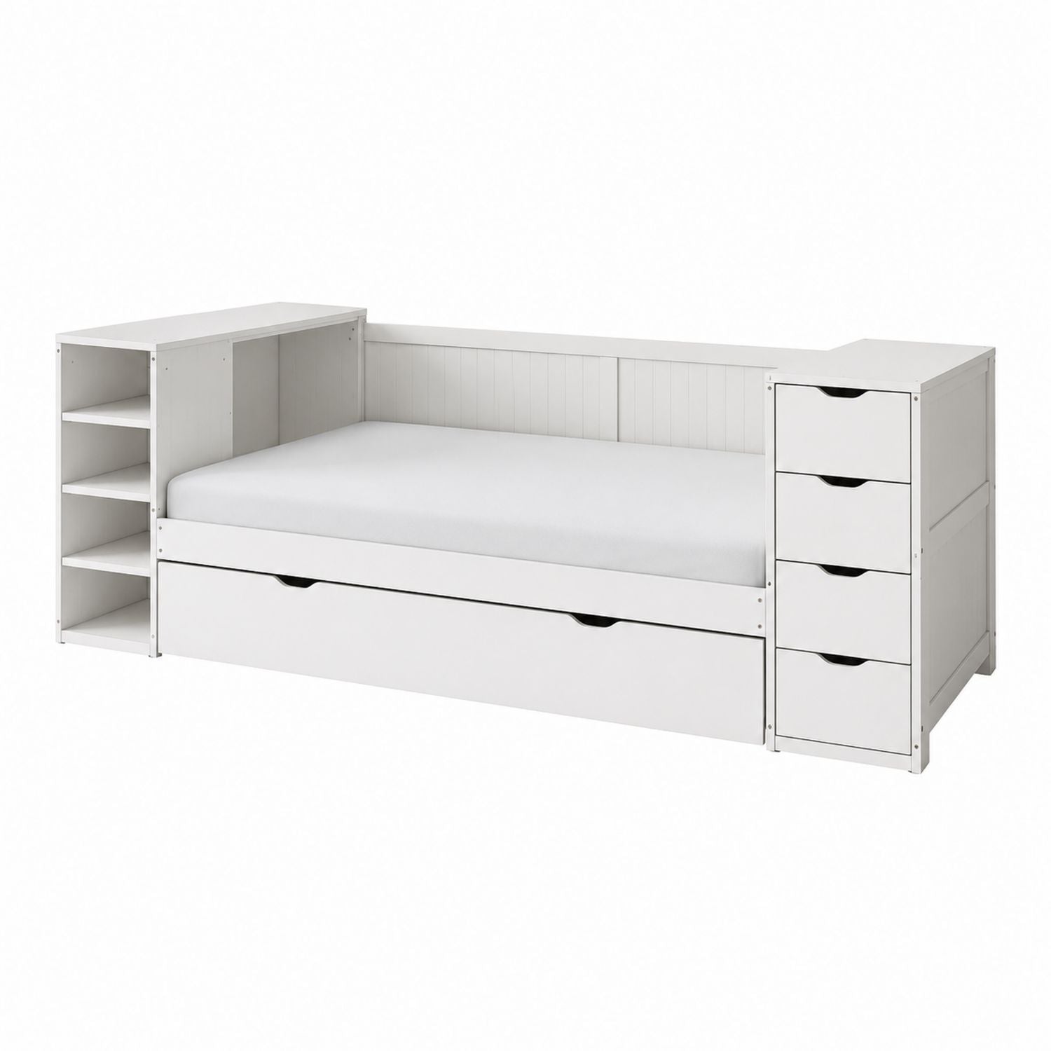 White Wooden Daybed with Shelving and Drawers