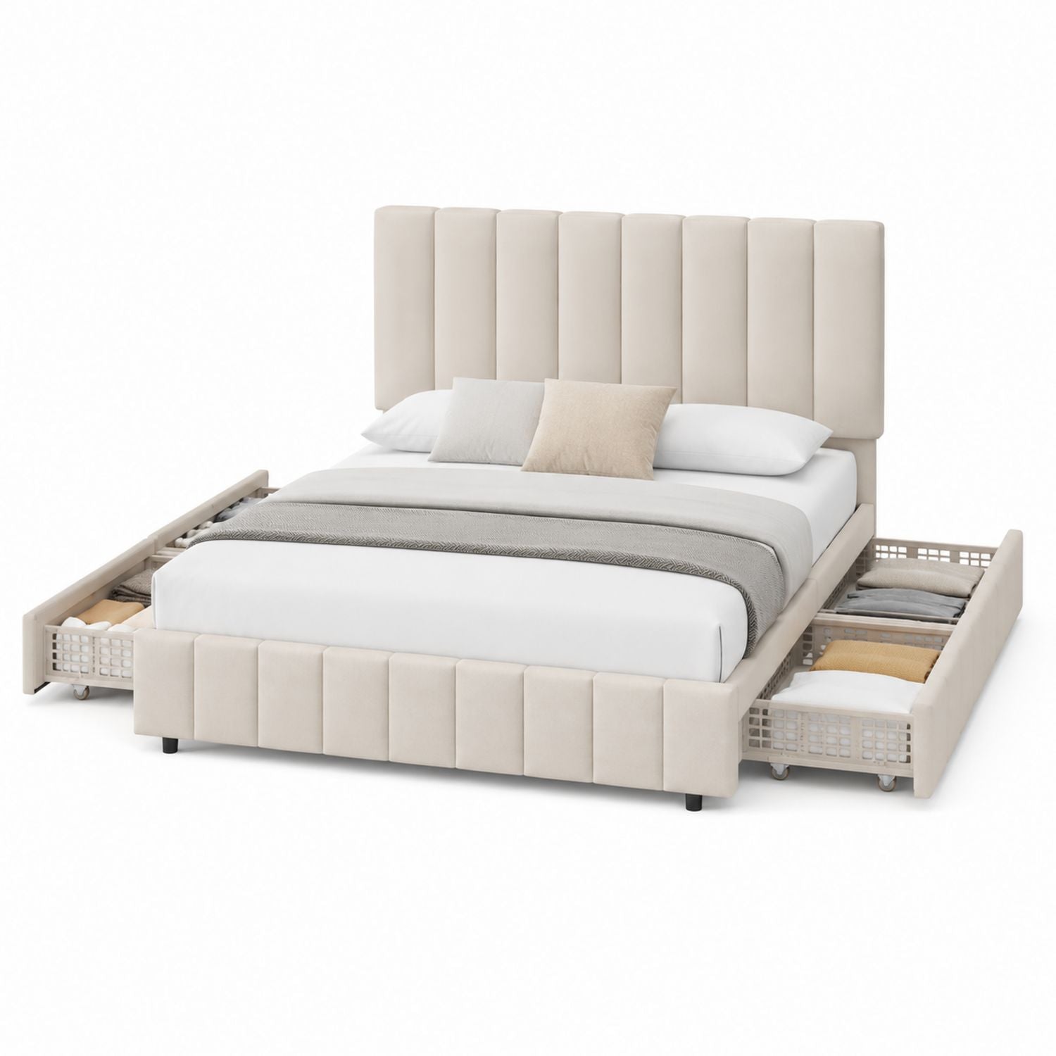 Polyester Upholstered Platform Bed with Storage Drawers Beige