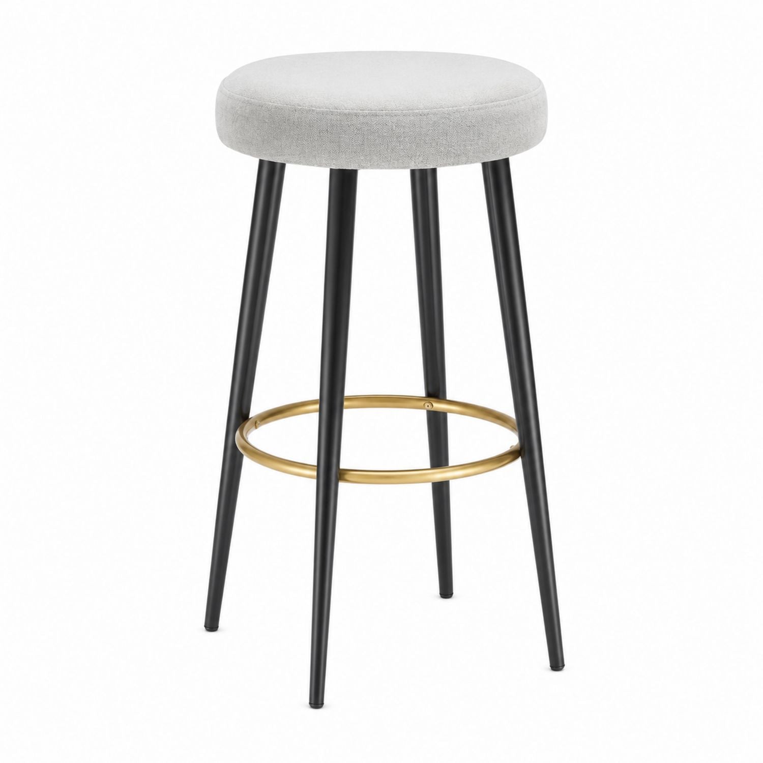 Light Grey Upholstered Bar Stool with Steel Legs and Brass Footrest