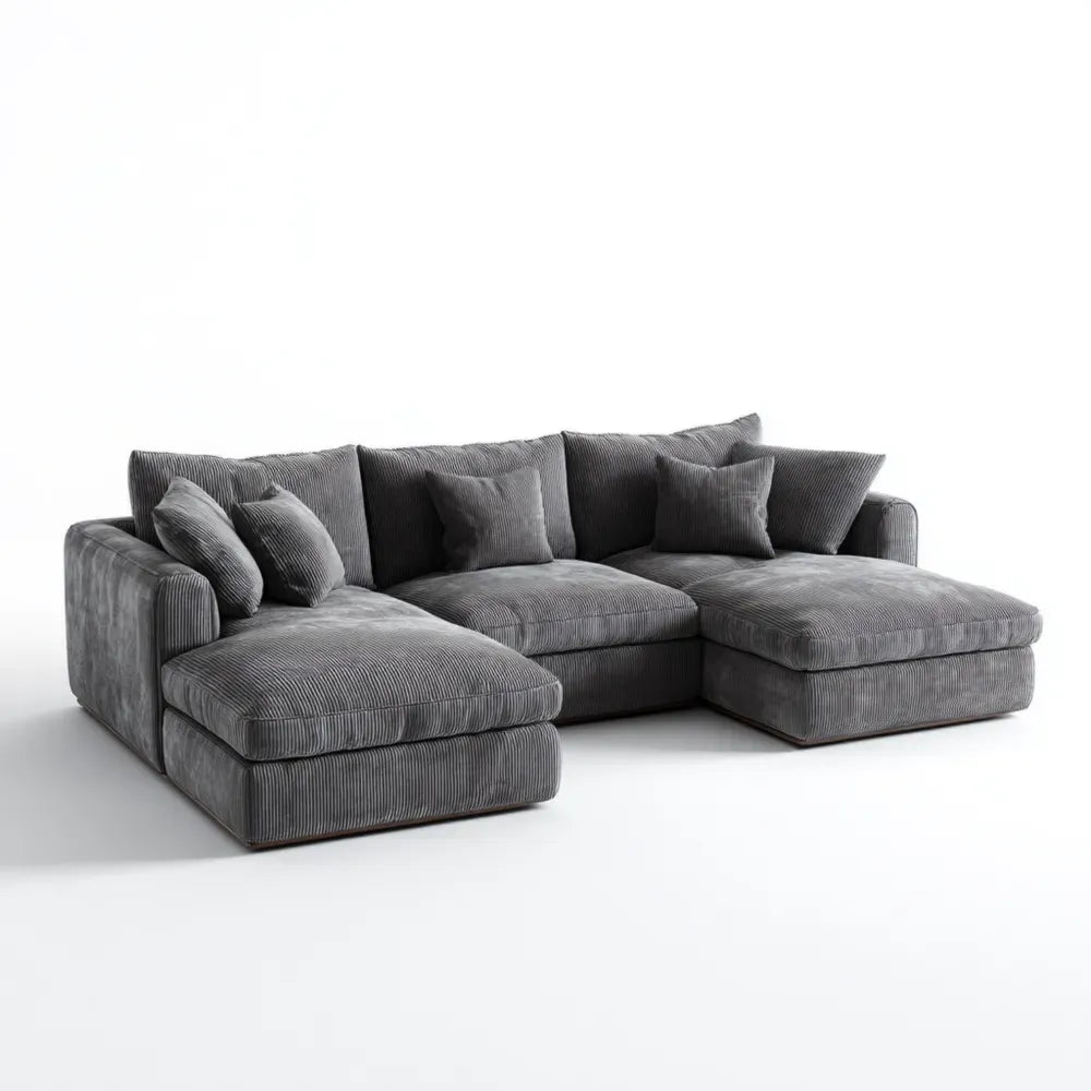 Sectional Sofa Set Corduroy Upholstered Spacious Design 118x39x33.5 Inches - Dark Gray