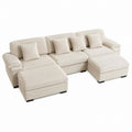 Beige Corduroy Sectional Sofa Set with Ottoman