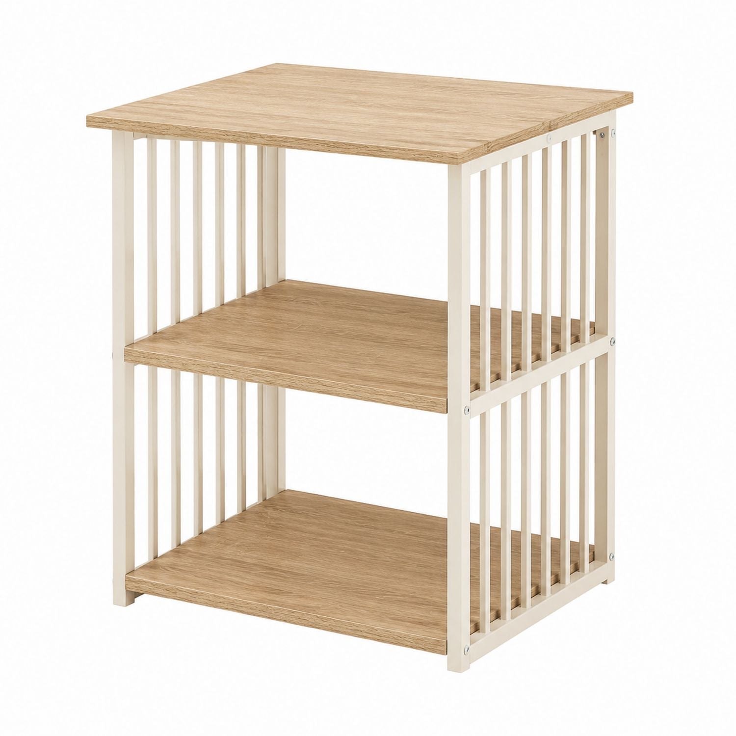 Three-Tier MDF Nightstand with Steel Frame in Oak and White