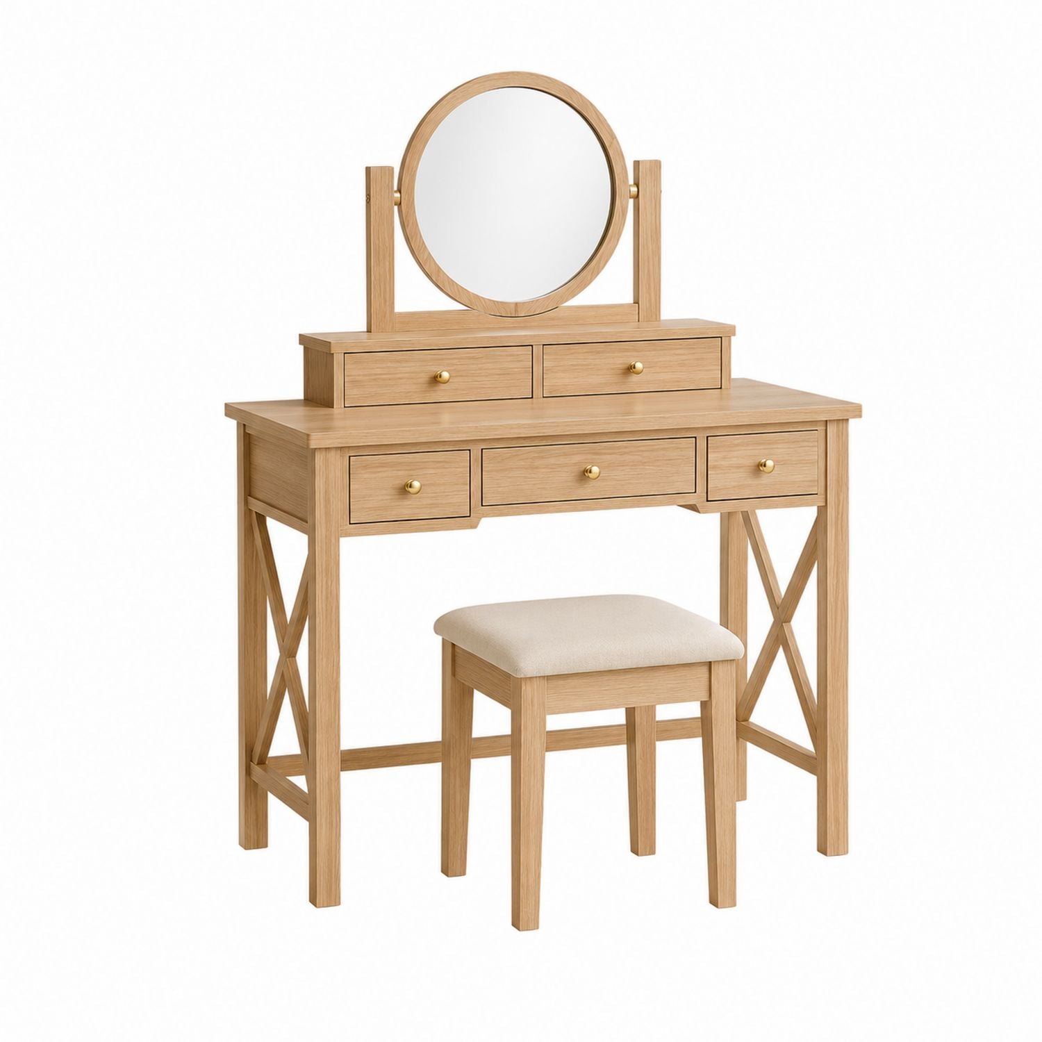 Wood Vanity Set with Mirror and Stool, Natural Finish