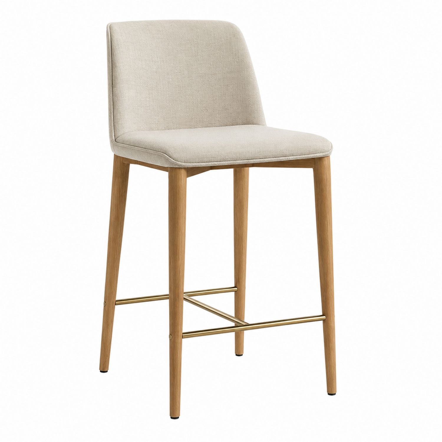 Upholstered Bar Stool with Oak Frame and Beige Polyester Fabric