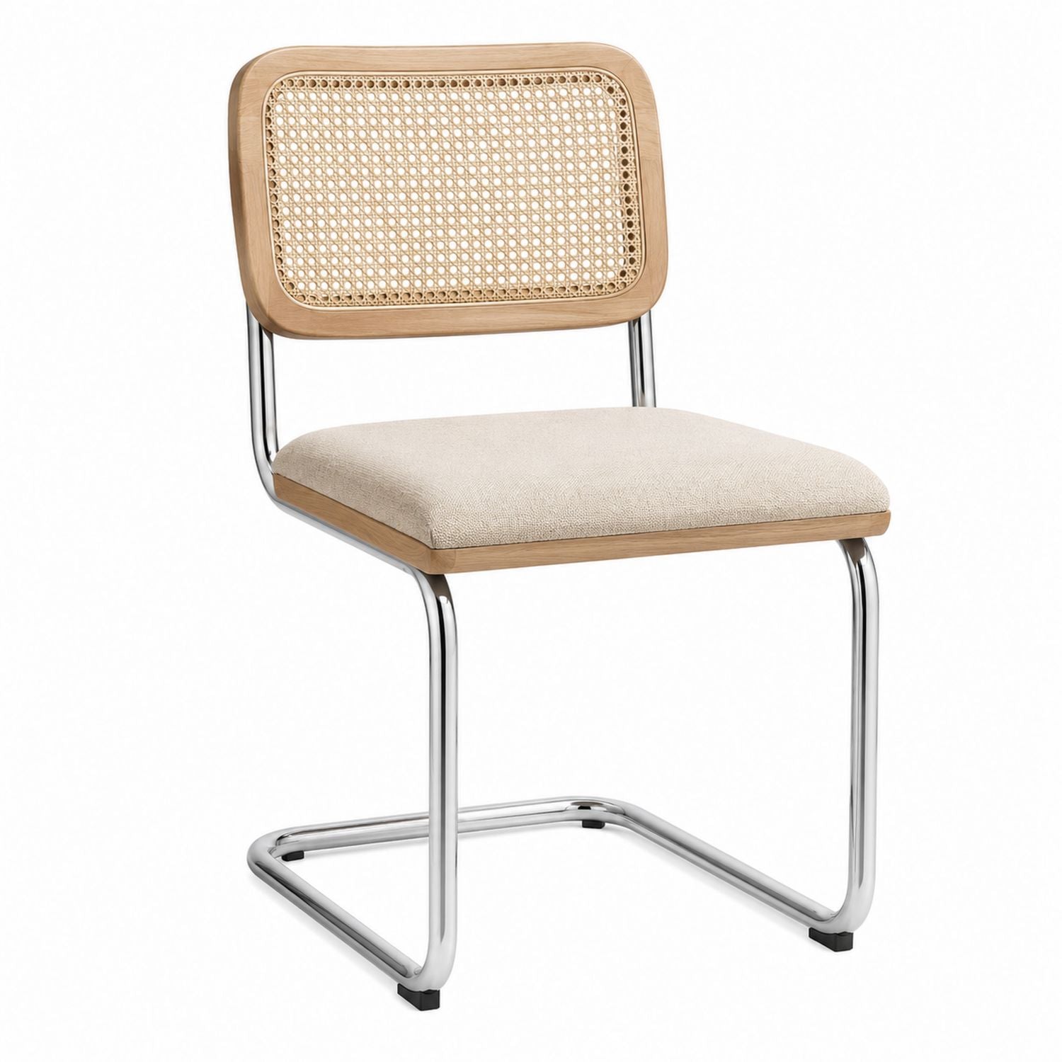Dining Chair Chrome Frame Rattan Backrest Linen Beige Seat