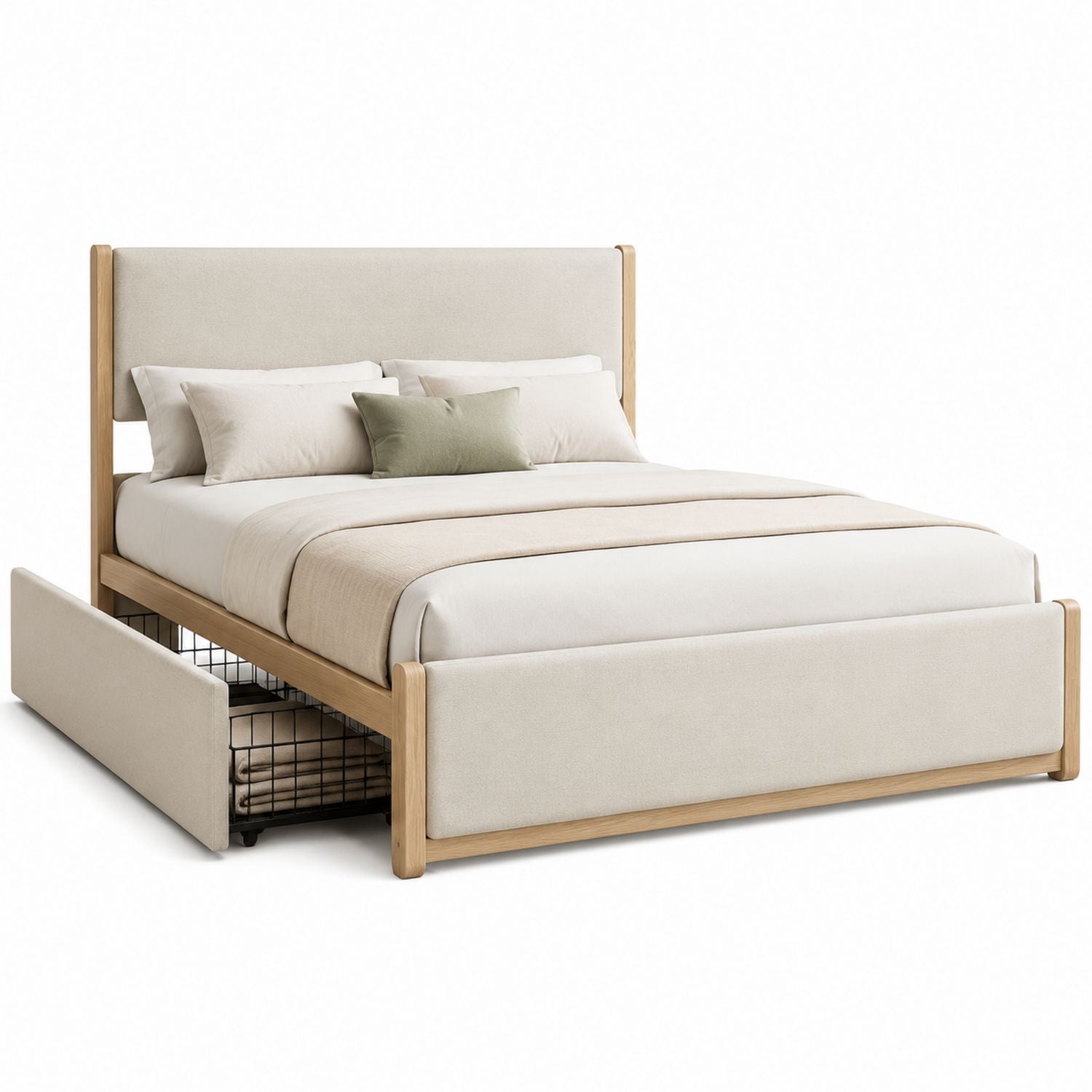 Queen Size Upholstered Bed with Storage Drawer Solid Wood Frame Beige
