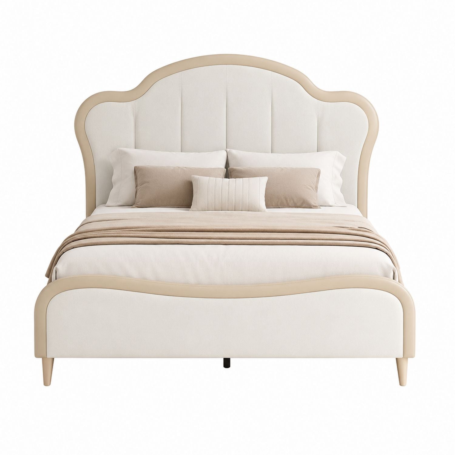 Beige Upholstered King Bed with Solid Wood Frame
