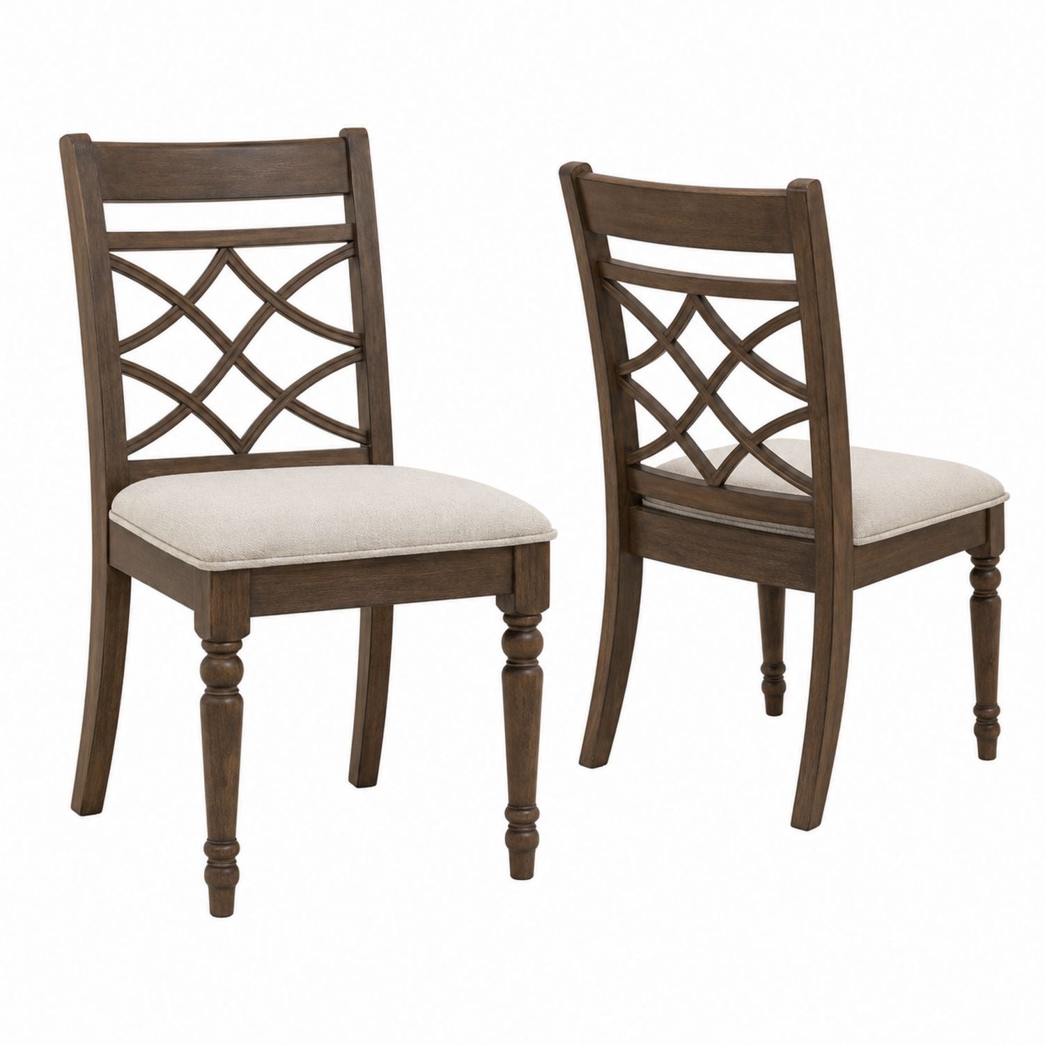 Set of 2 Wooden Dining Chairs with Upholstered Seats Brown Beige