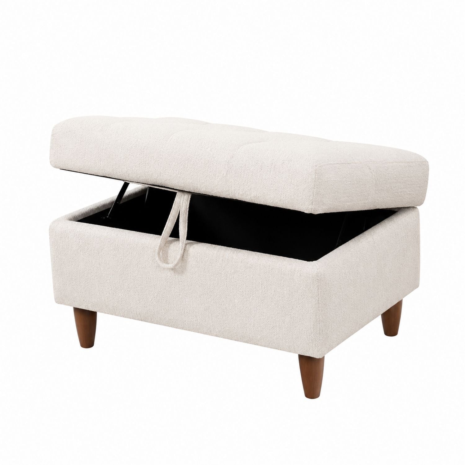 Beige Polyester Square Storage Ottoman with Wood Legs