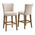 Set of 2 Linen Bar Stools with Oak Wood Legs in Beige