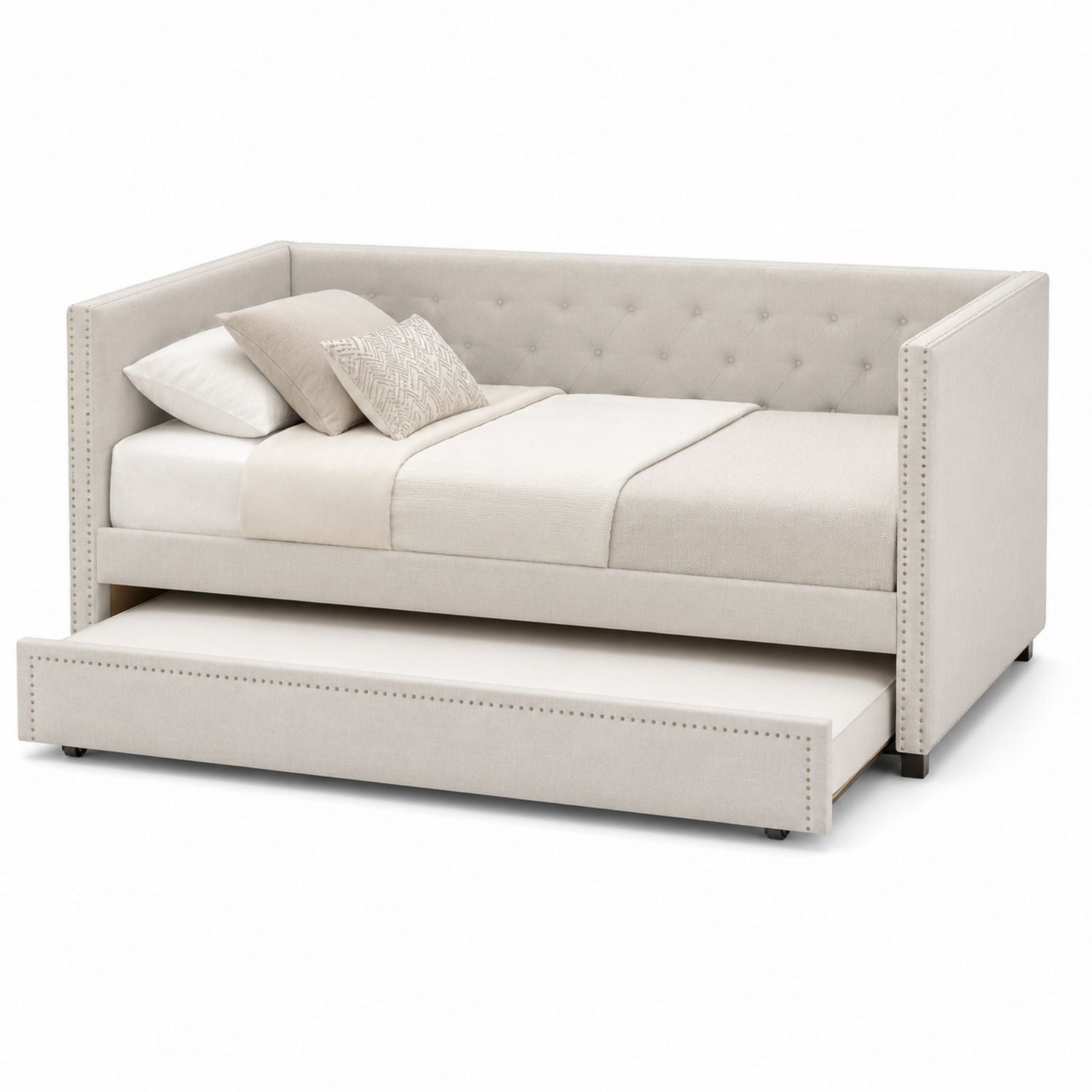Fabric Upholstered Daybed with Trundle Twin Size Beige