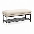 Beige Fabric Upholstered Bench with Black Metal Frame and Shelf 120cm