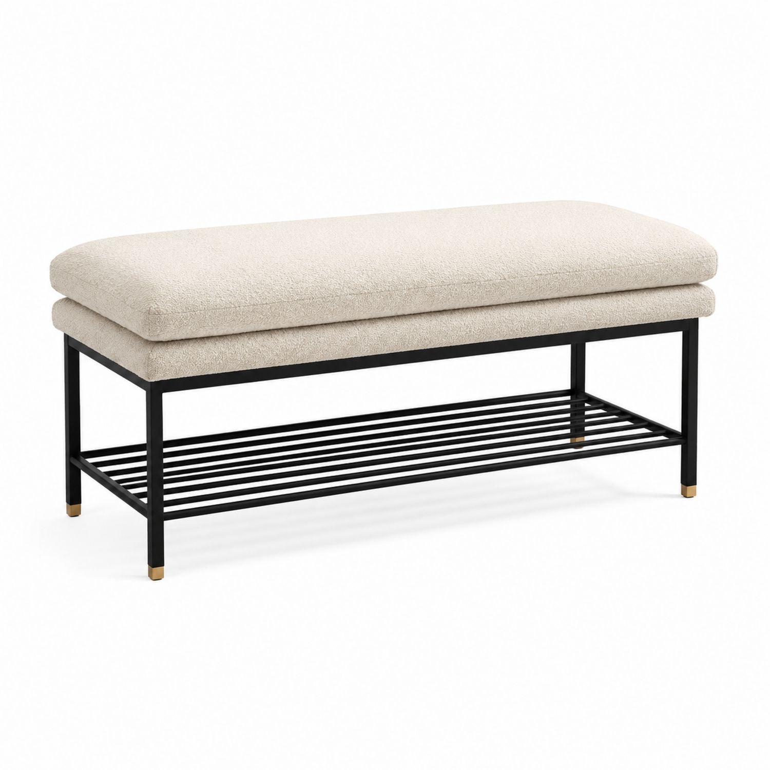 Beige Fabric Upholstered Bench with Black Metal Frame and Shelf 120cm