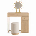 Oak Wood Vanity Set with LED Mirror and Fabric Stool